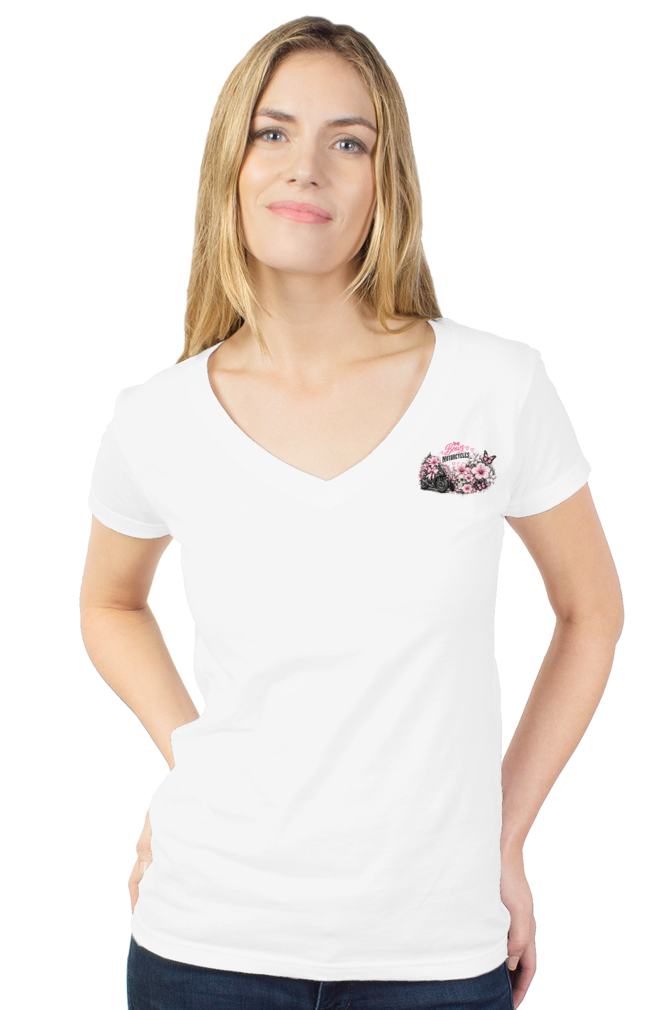 Bows & Motorcycles™ Pink Rebel Women's V-Neck Tee – Stay Pretty, Ride Bold