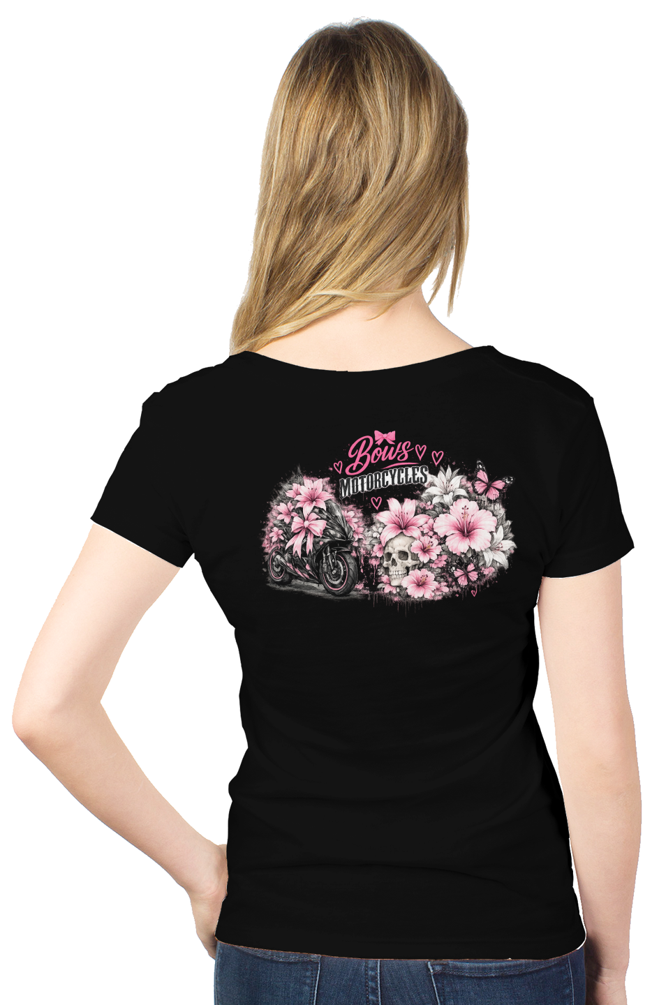 Bows & Motorcycles™ Pink Rebel Women's V-Neck Tee – Stay Pretty, Ride Bold