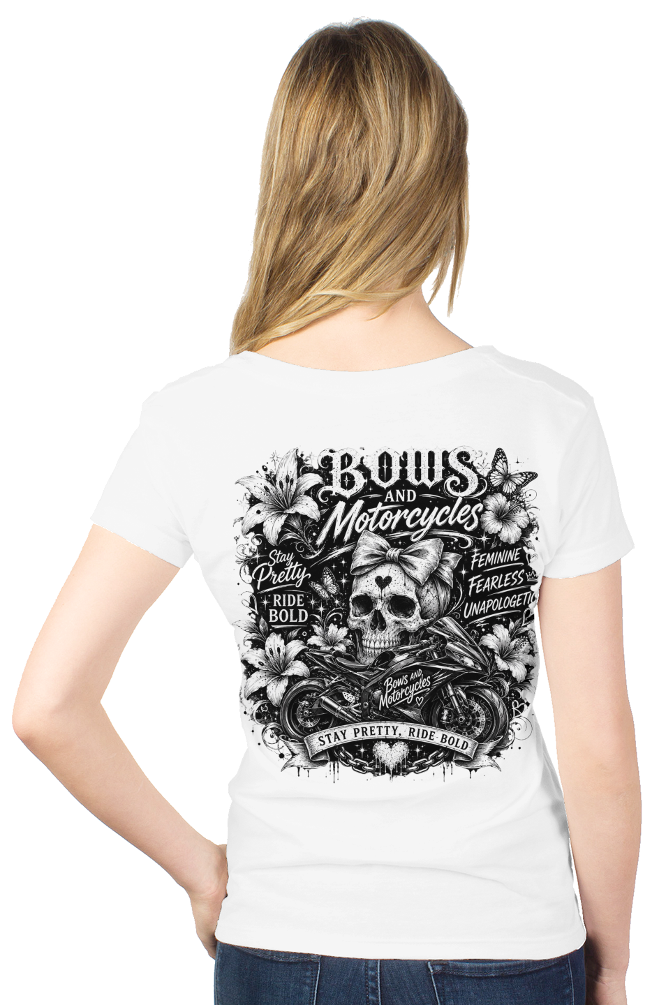 Bows & Motorcycles™ Women's Tultex V-Neck Tee – Stay Pretty, Ride Bold