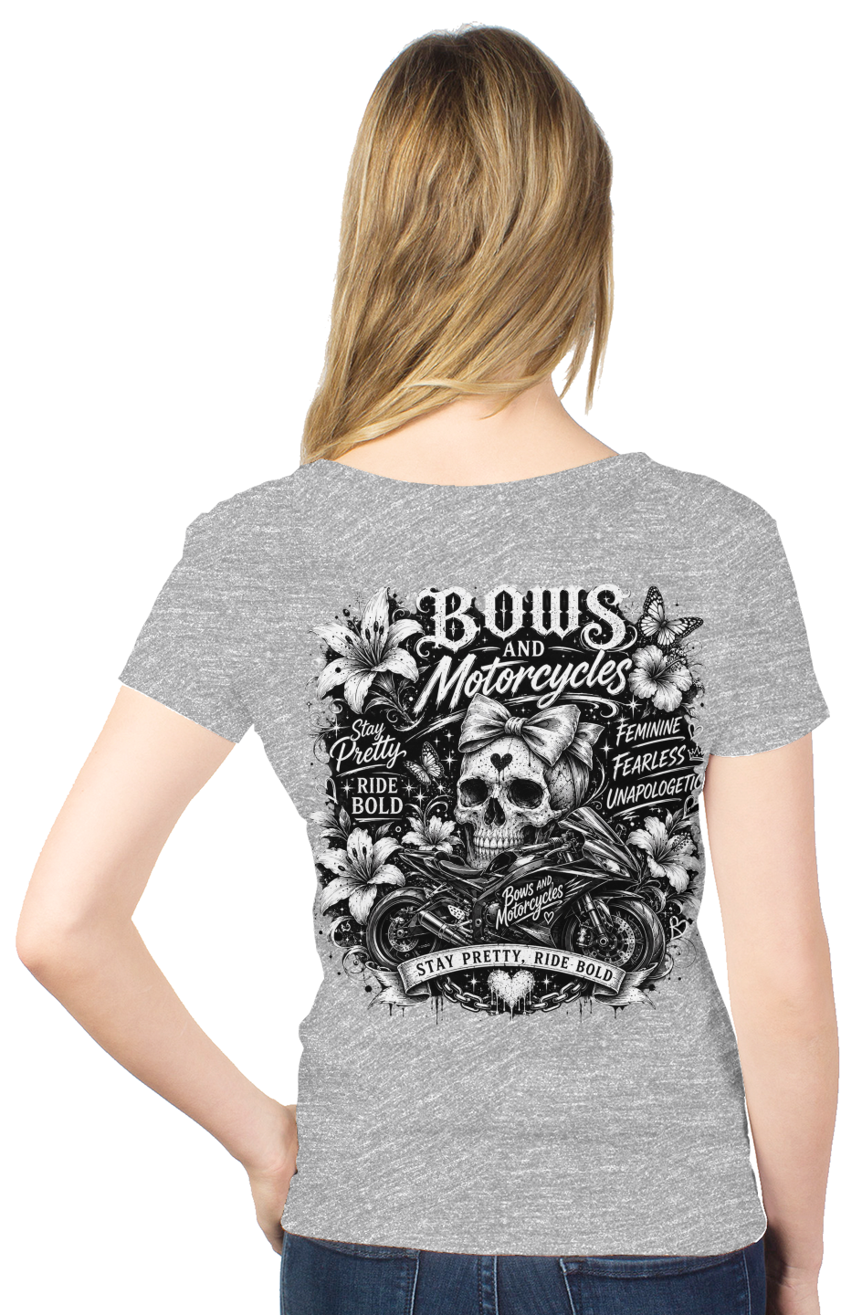 Bows & Motorcycles™ Women's Tultex V-Neck Tee – Stay Pretty, Ride Bold