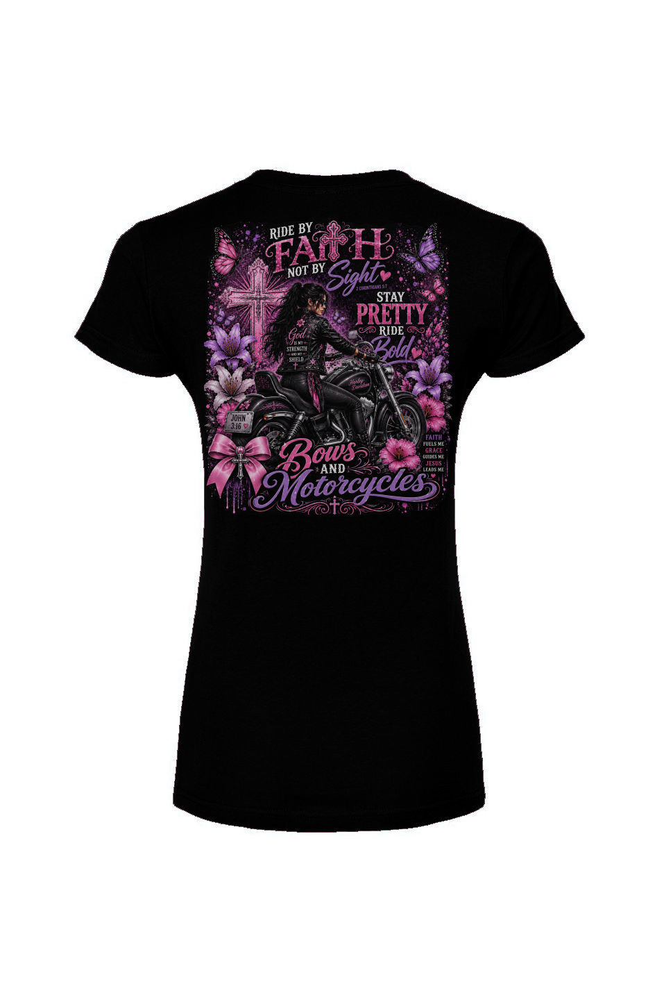 Bows and Motorcycles – Ride by Faith, Not by Sight Women's Essential Tultex V-Neck T-Shirt